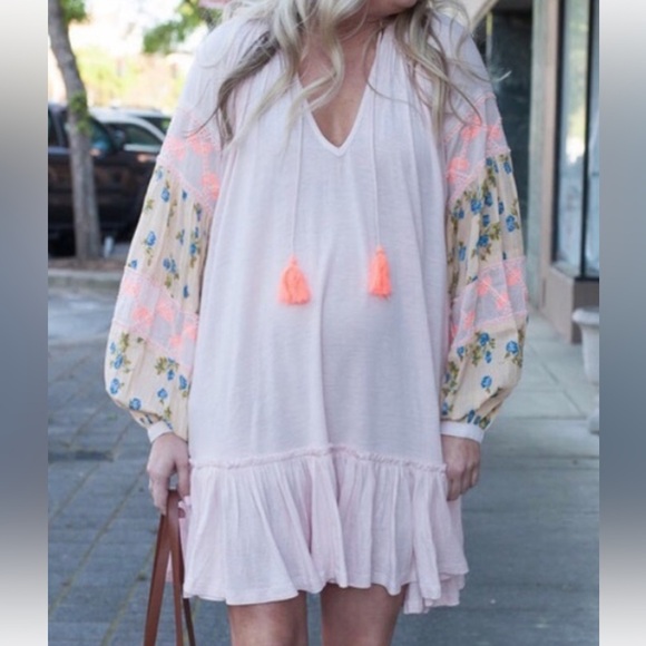 Anthropologie Embroidered Ruffle Pink Tunic Boho Mini Dress Coastal Cowgirl Sz S - Picture 11 of 12